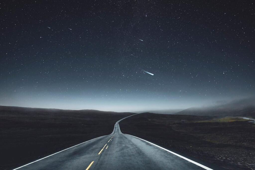 highway, night, landscape, sky, night sky, stars, shooting star, asteroid, mountains, nature, fog, darkness